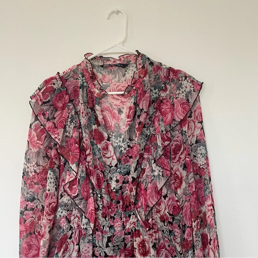 Zara Women’s Floral long sleeve Long Lined Dress Size M - Picture 12 of 16
